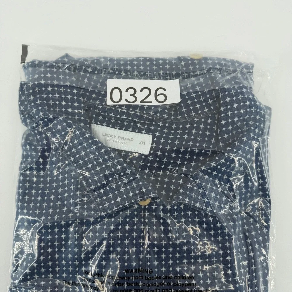 Lucky Brand Button Down Shirt Mens XXL Navy Blue Geometric Short Sleeve Pocket